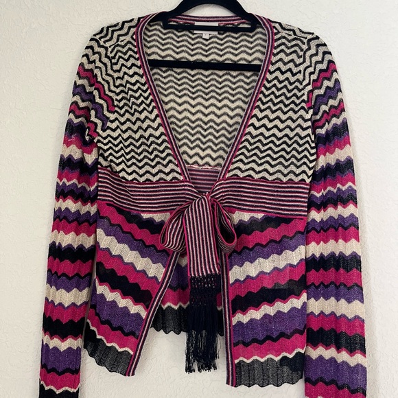 Karen Millen Chevron Crochet Sparkle Metallic Bolero Cardigan Sz 1 US 8/10 Y2K - Picture 1 of 6